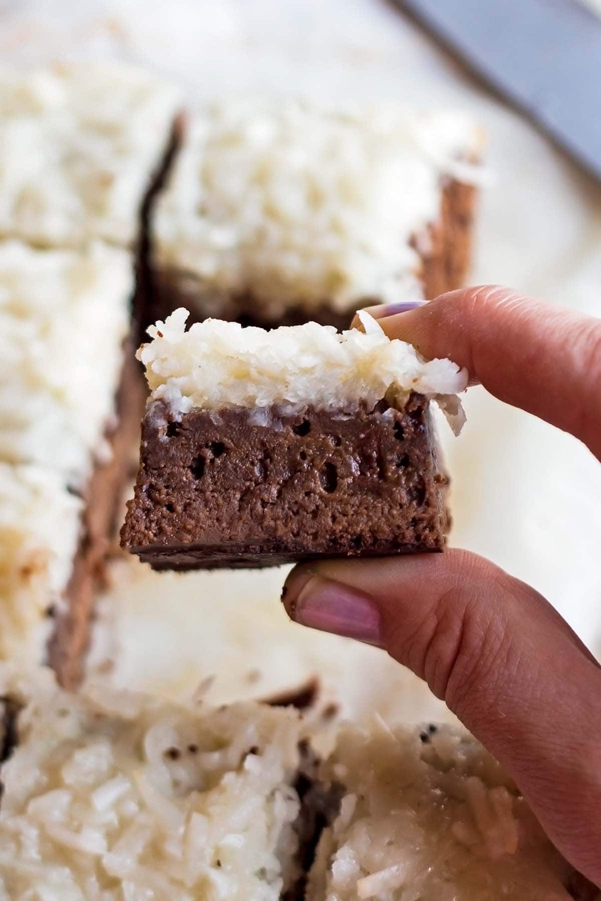 hand holding piece of chocolate coconut brownie