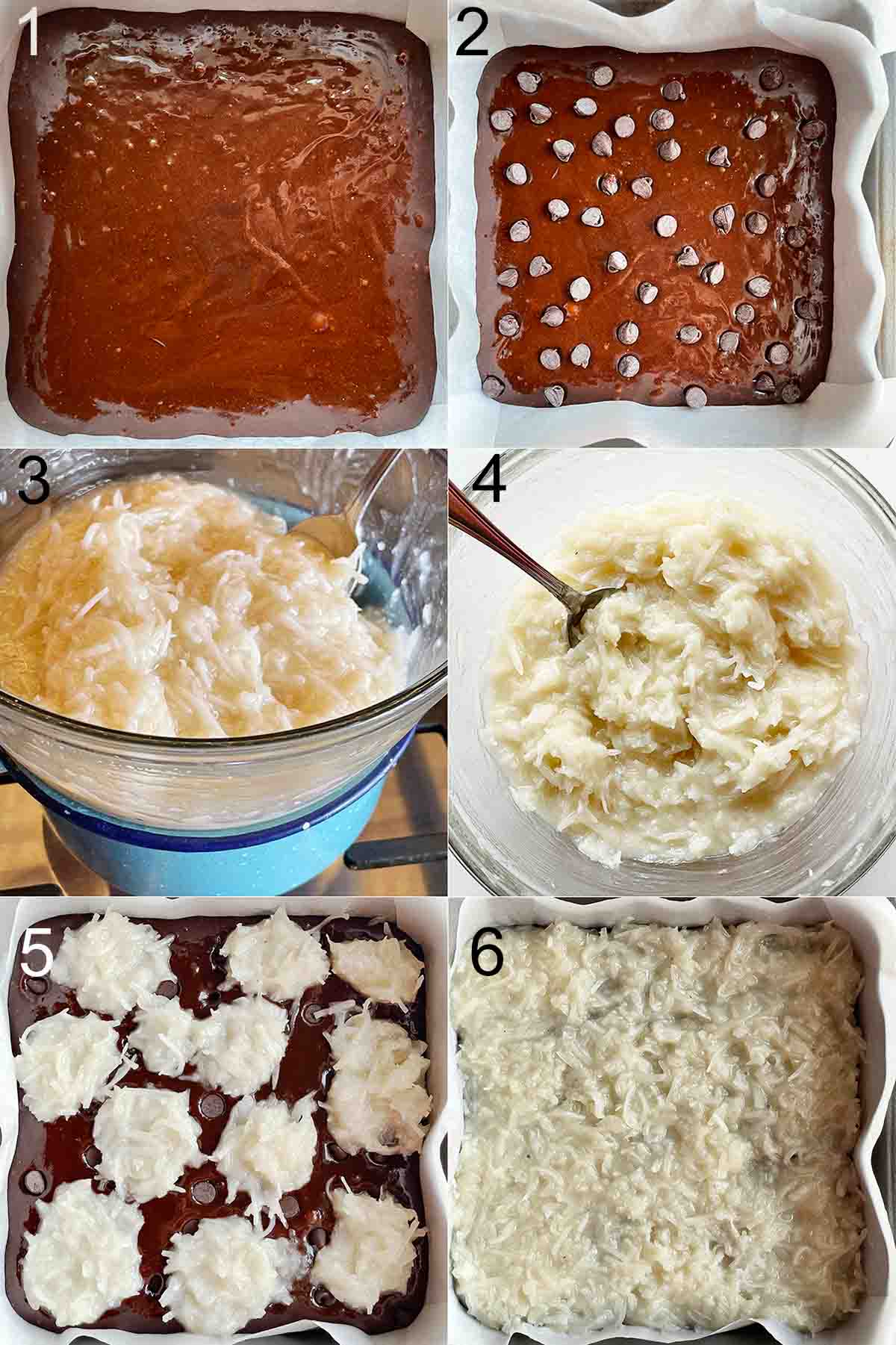 collage of 6 images showing steps of how to make coconut brownies