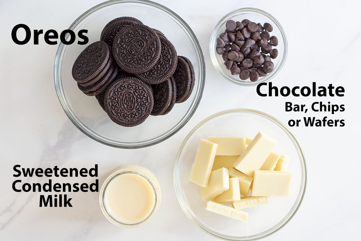 oreo balls ingredients laid out in individual bowls
