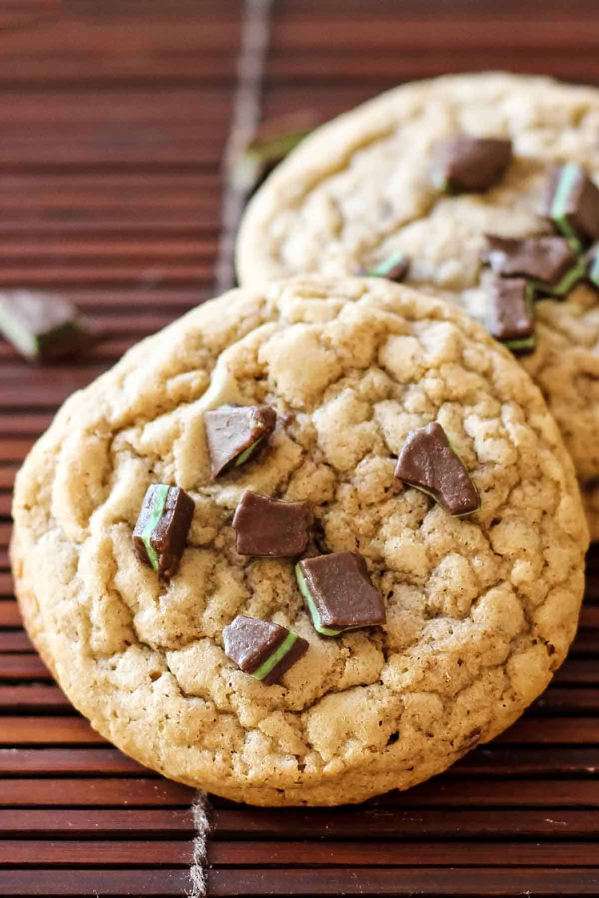 close up of mint cookies with chopped andes mint topping