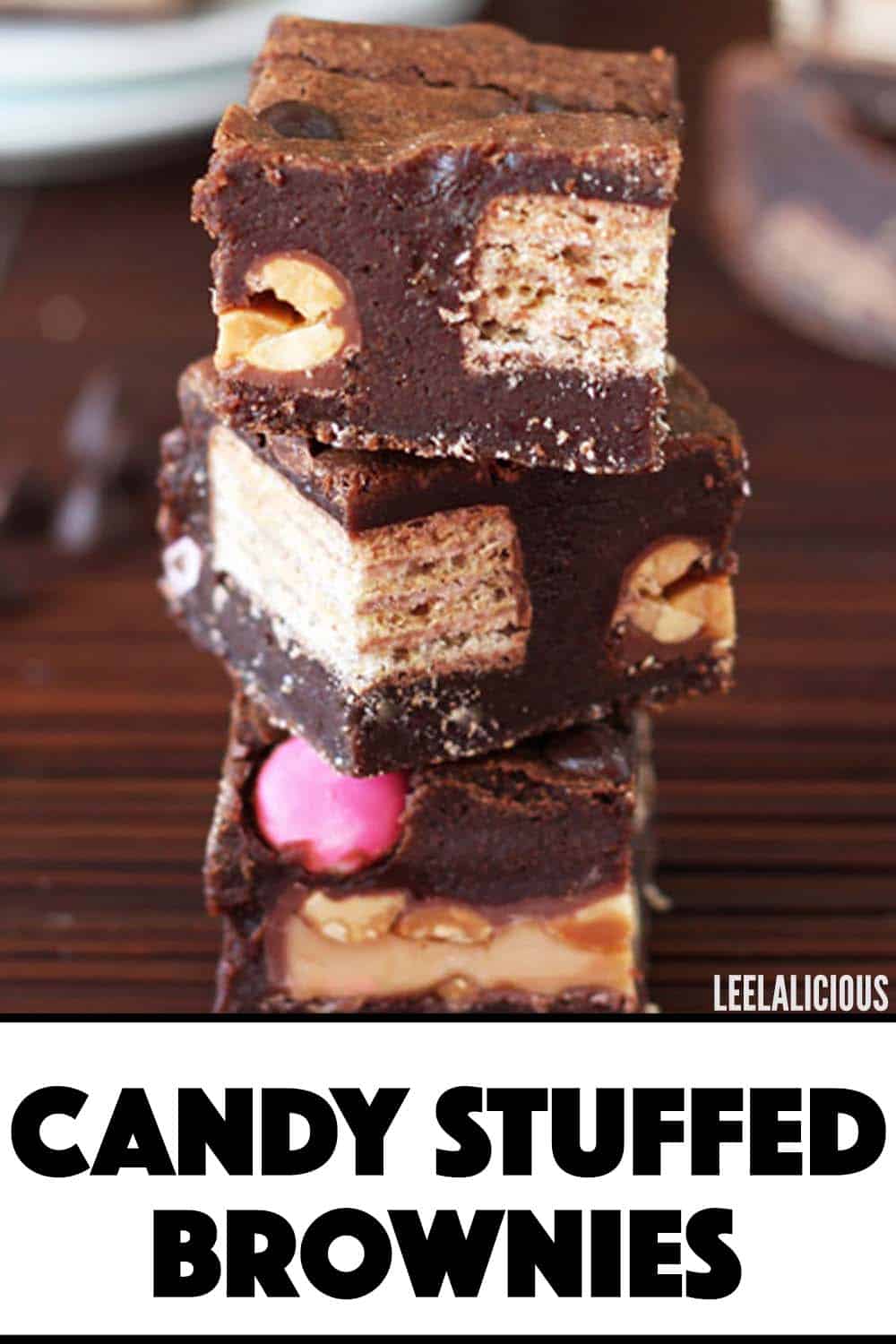 three pieces of candy stuffed brownies stacked