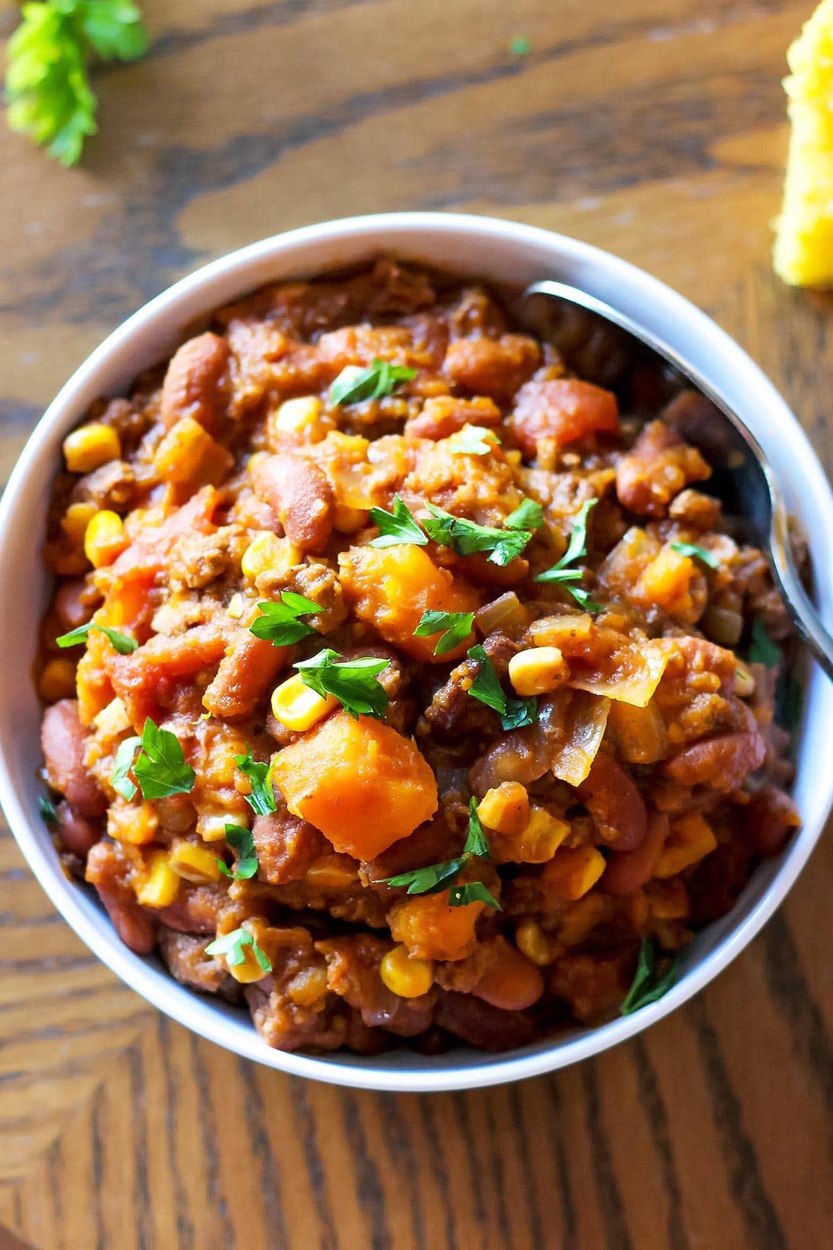 Sweet Potato Slow Cooker Chili in serving bowl