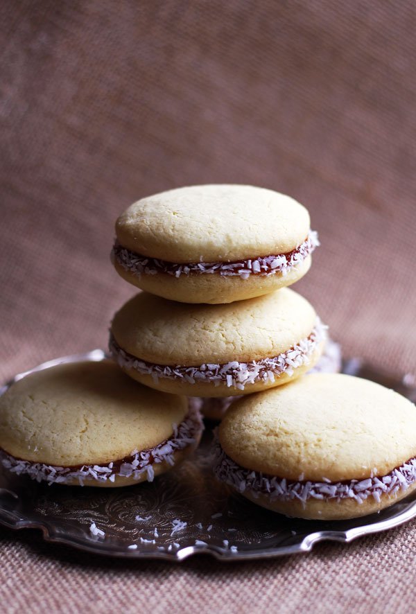 Alfajores cookies in small silver tray