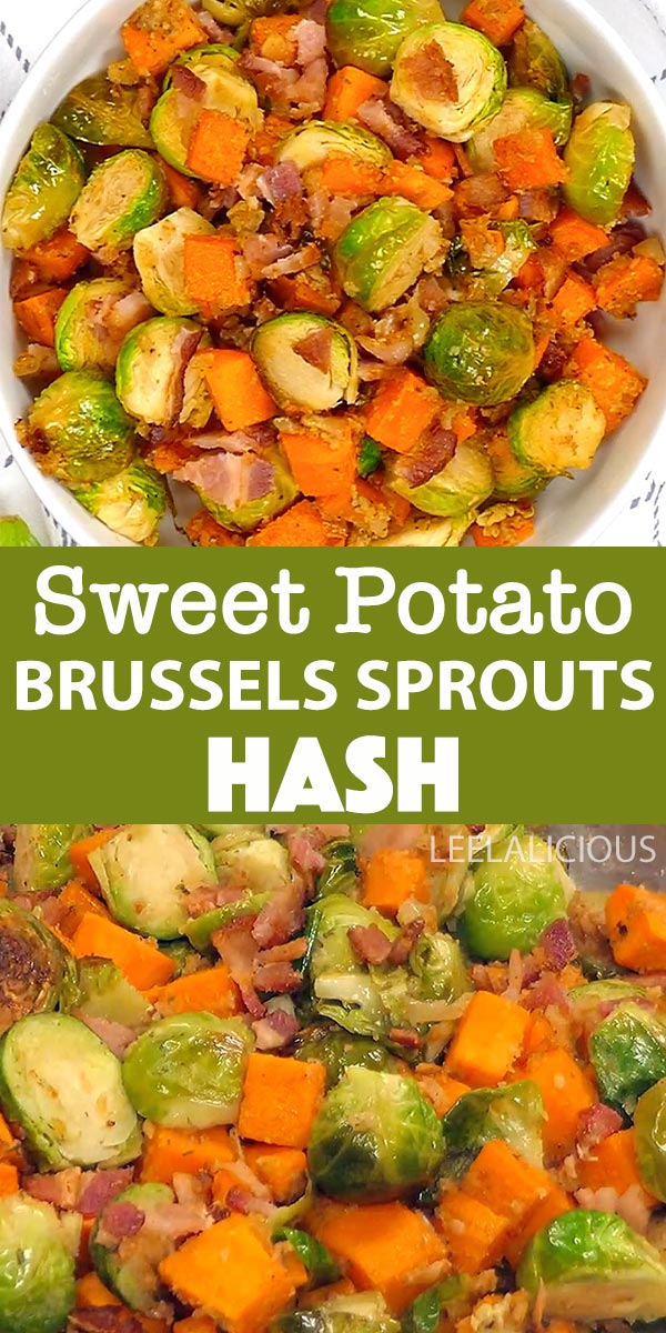 Brussels Sprouts Sweet Potato Hash in bowl and close up in pan