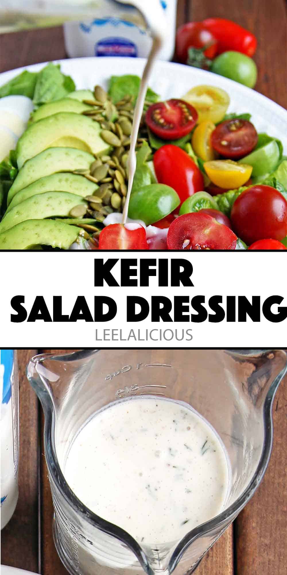 kefir dressing pouring on salad and in glass mixing jar