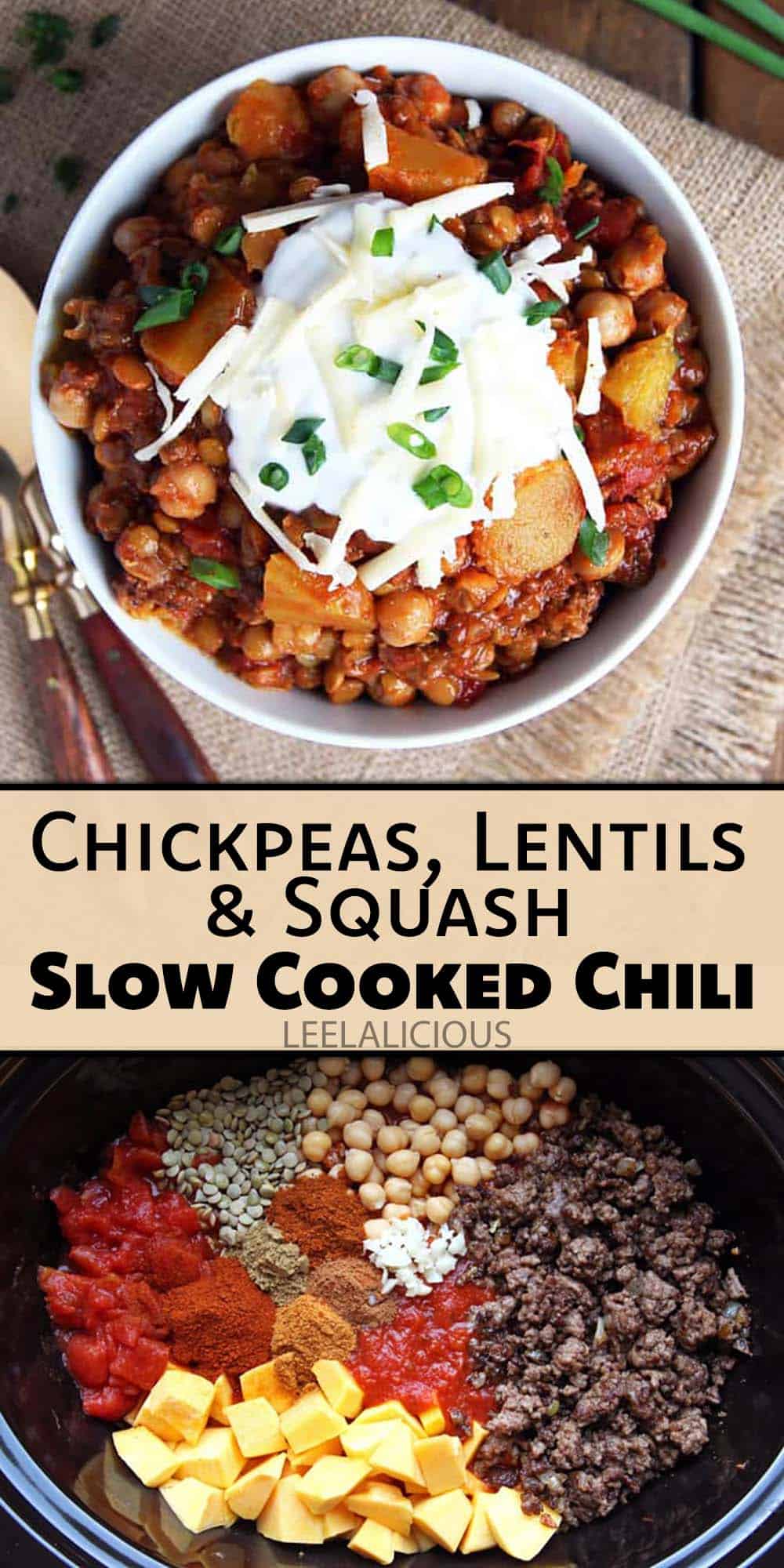 Slow Cooked Chili with Chickpeas Lentils + Squash