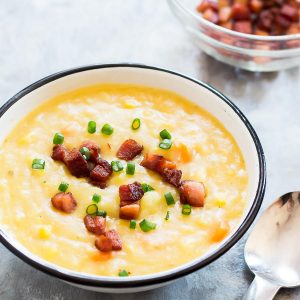Instant Pot Vegetable Soup in a bowl with bacon topping