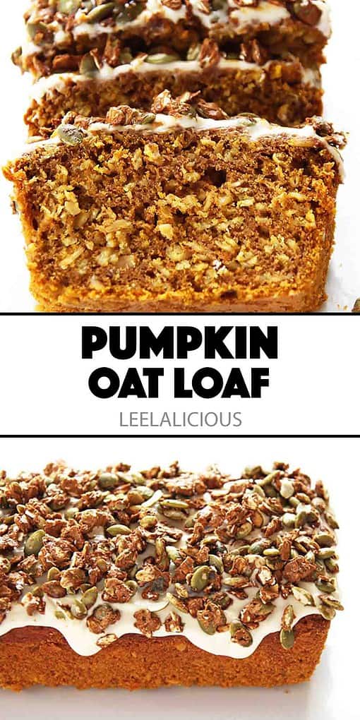 pumpkin oat loaf and close up of slices