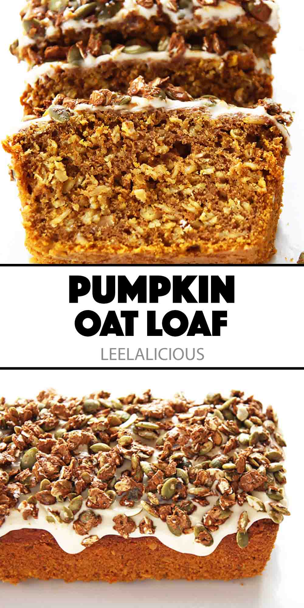 pumpkin oat loaf and close up of slices