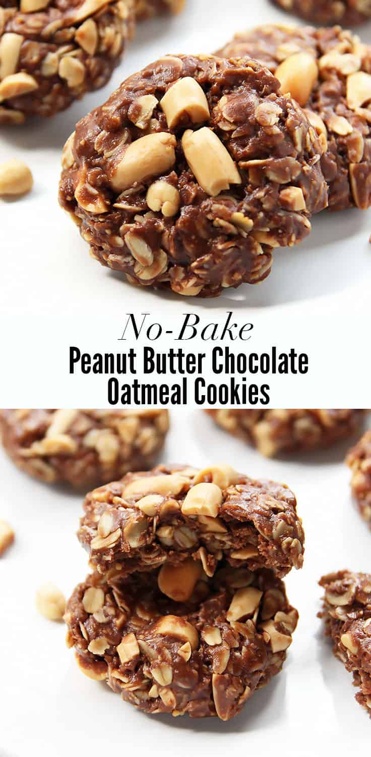 These 5-ingredient no-bake oatmeal cookies with peanut butter and chocolate are a perfect way to satisfy cookie cravings in the heat of summer without turning on the oven. #glutenfree