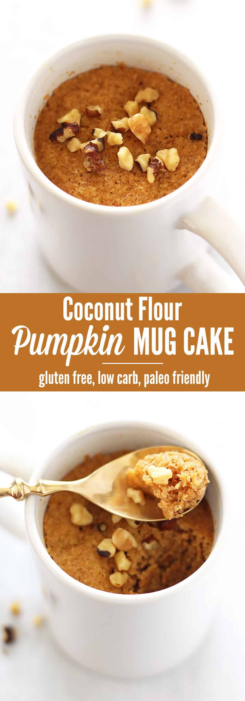 Coconut Flour Pumpkin Spice Mug Cake - this healthy and delicious dessert recipe takes only 5 minutes to make! PERFECT to quickly satisfy sweet cravings with REAL food ingredients. This recipe is gluten free, low carb and paleo friendly.