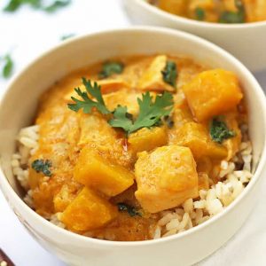 This delicious Thai Yellow Coconut Curry with Chicken and Squash is heavenly comfort food. Aromatic, a little exotic and not too spicy.