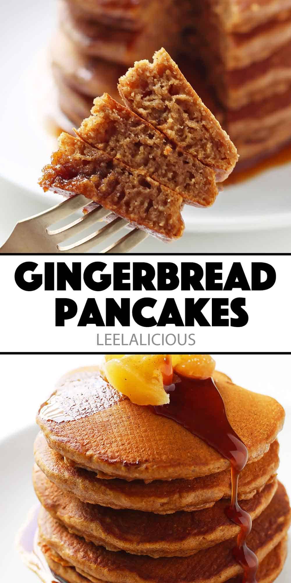 stack of gingerbread pancakes and bite on fork