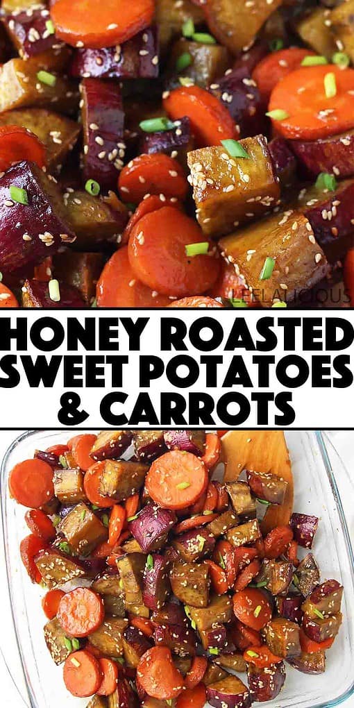 honey roasted sweet potato cubes and carrot coins close up and in baking dish