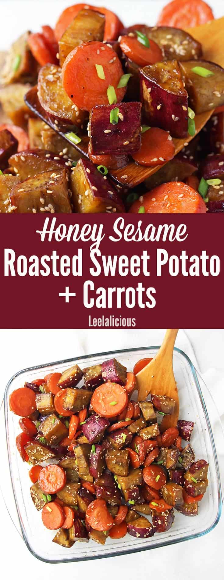 Oven roasted sweet potatoes and carrots with a honey sesame glaze make a delicious healthy vegetable side dish for the holidays or any time of year.