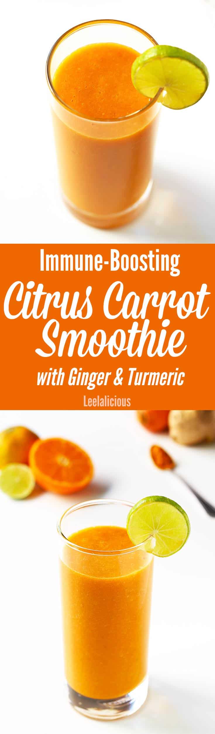 This immune boosting smoothie is made with delicious citrus fruit and carrots. This healthy smoothie recipe is high in antioxidants, vitamin C and A with ginger and turmeric for additional health benefits.
