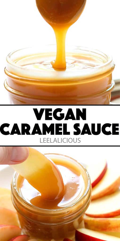 Vegan caramel sauce drizzling off spoon and apple slice dipping into sauce