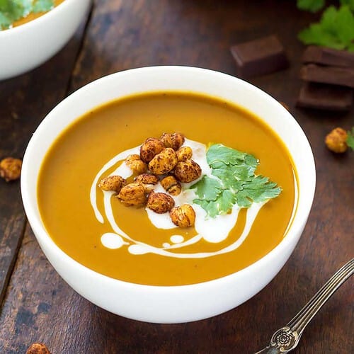 Chocolate Roasted Butternut Squash Soup + Chili Cocoa Roasted Chickpeas