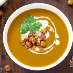 This velvety smooth chocolate roasted Butternut Squash Soup is topped with crunchy chili + cocoa roasted chickpeas. Thanks to the unique combination of dark chocolate, chili and spices this creamy soup has an aromatic mole-like richness, which makes it both perfect as an appetizer or main course.