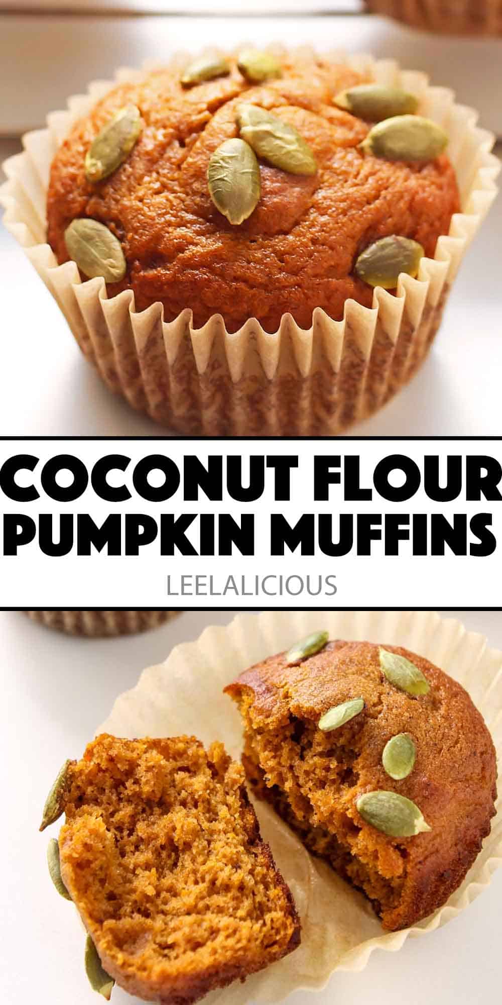 Close up of pumpkin muffin with pumpkin seed topping and halved muffin to reveal fluffy inside texture