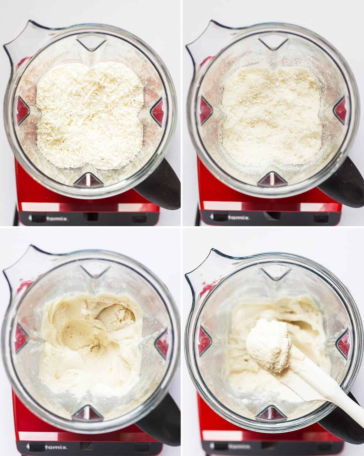 Stages of homemade coconut butter in a blender