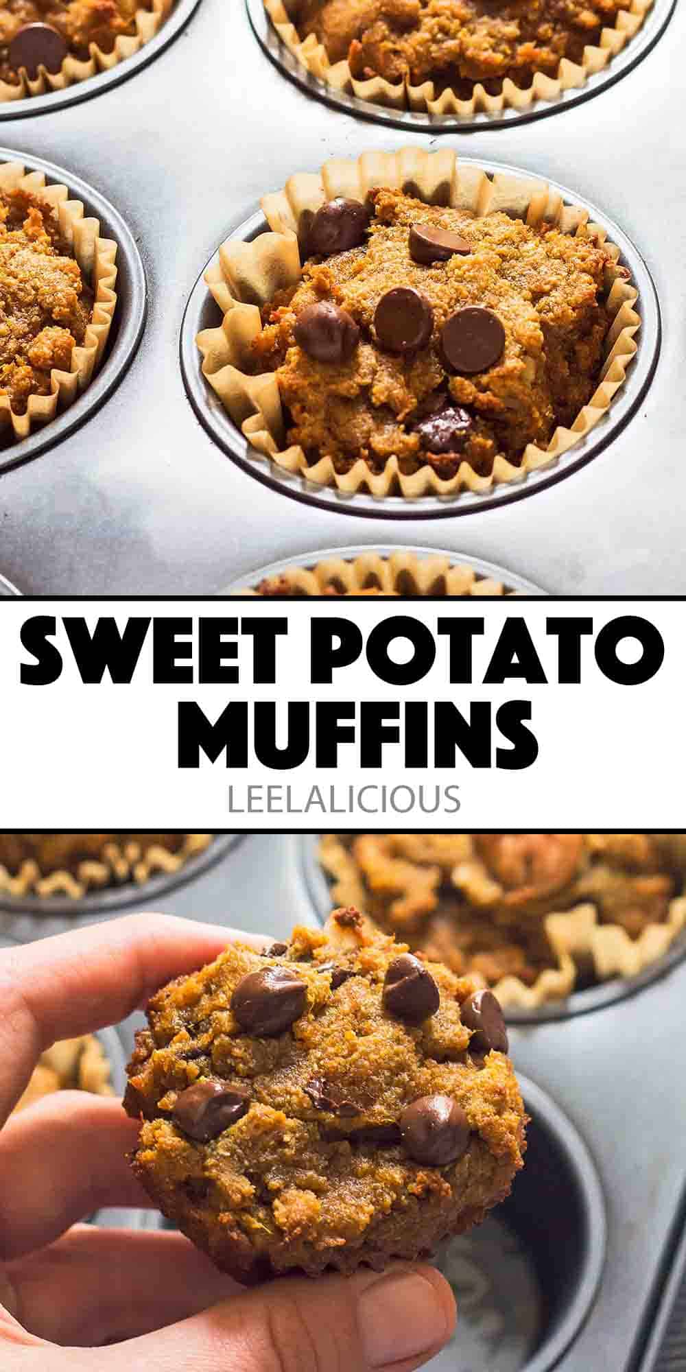 Pinterest image of sweet potato muffins in muffin tin and hand holding up one