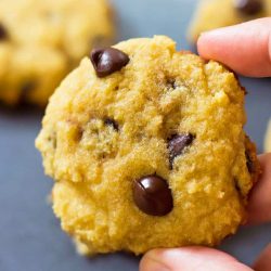 Hand holding up a coconut flour chocolate chip cookie