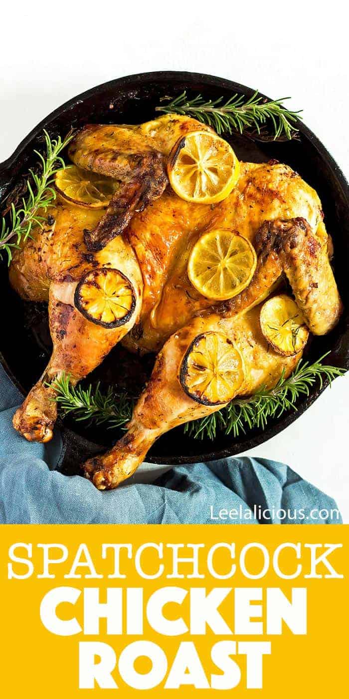 spatchcock roast chicken in cast iron pan