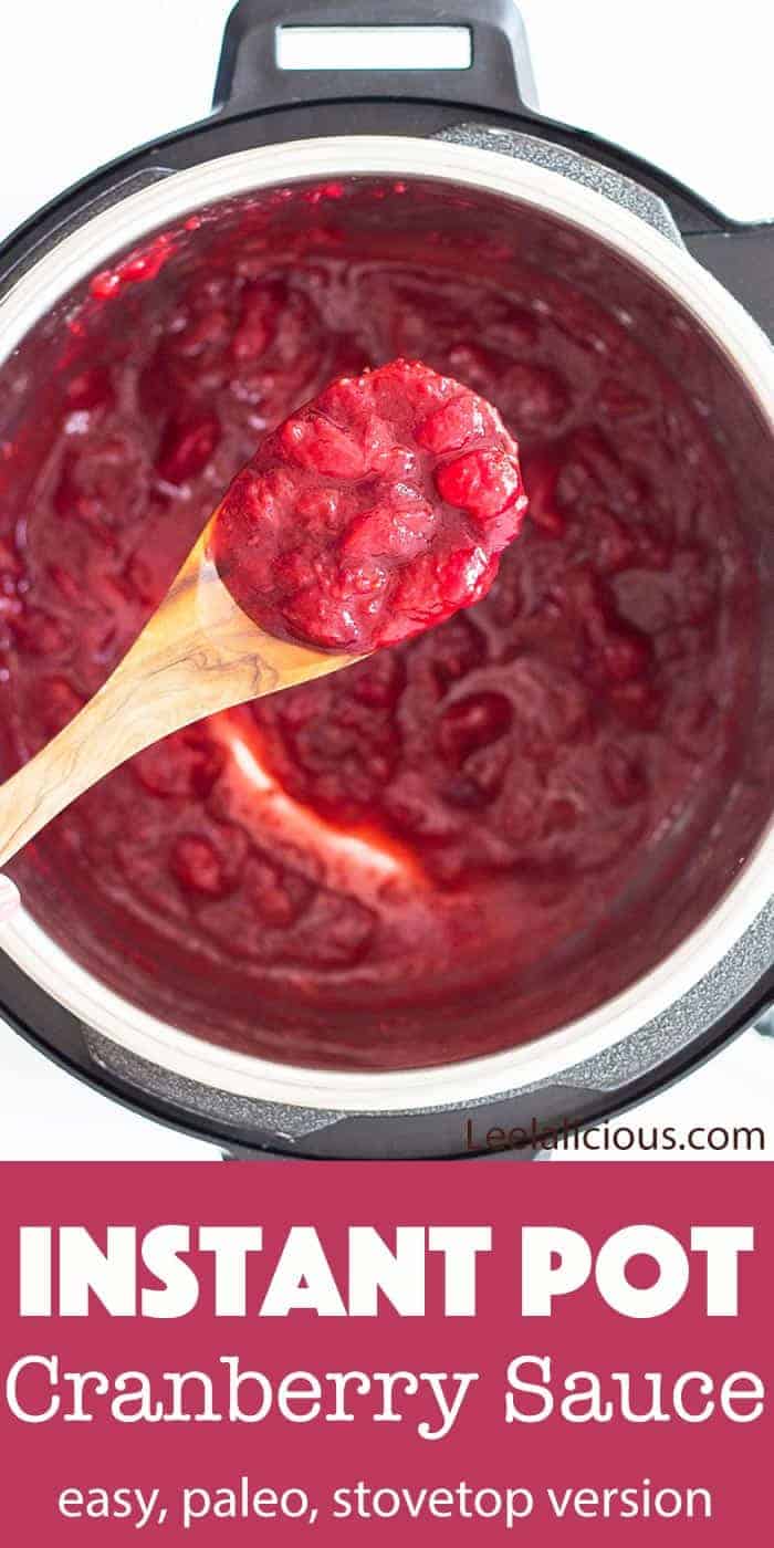 Wooden spoon with cranberry sauce over Instant Pot