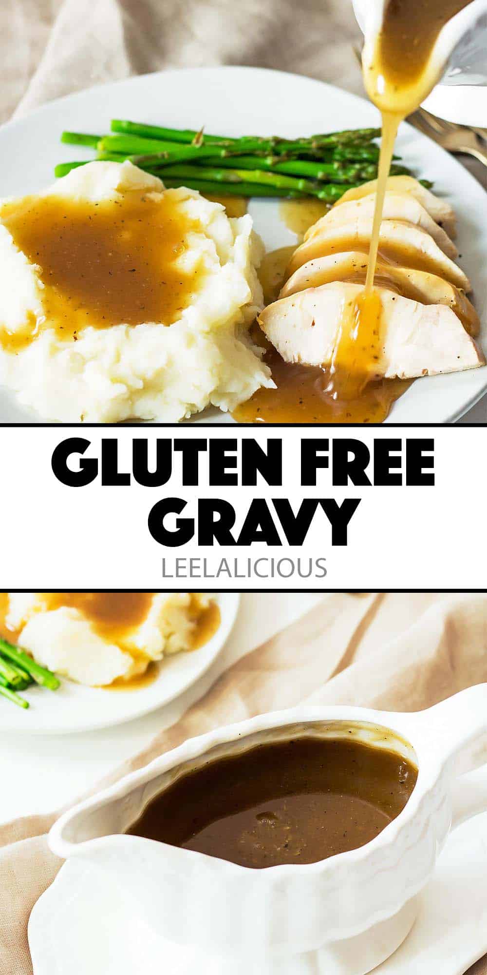 gluten free gravy on mashed potatoes, turkey and in gravy boat