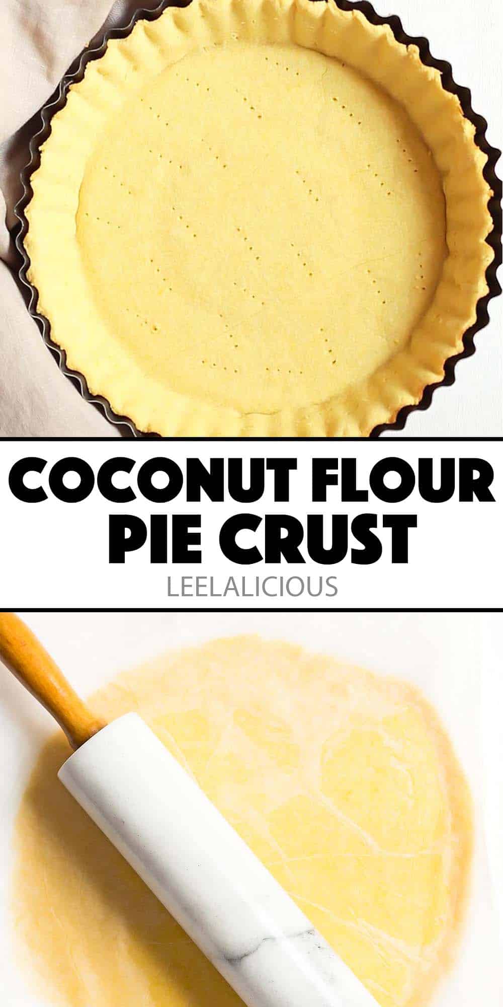 coconut flour pie crust baked in pan and dough circle with rolling pin