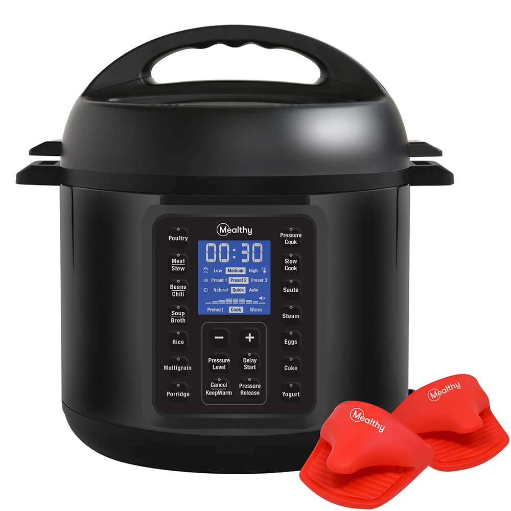 Mealthy Multipot 2.0 Pressure cooker with red silicon mits