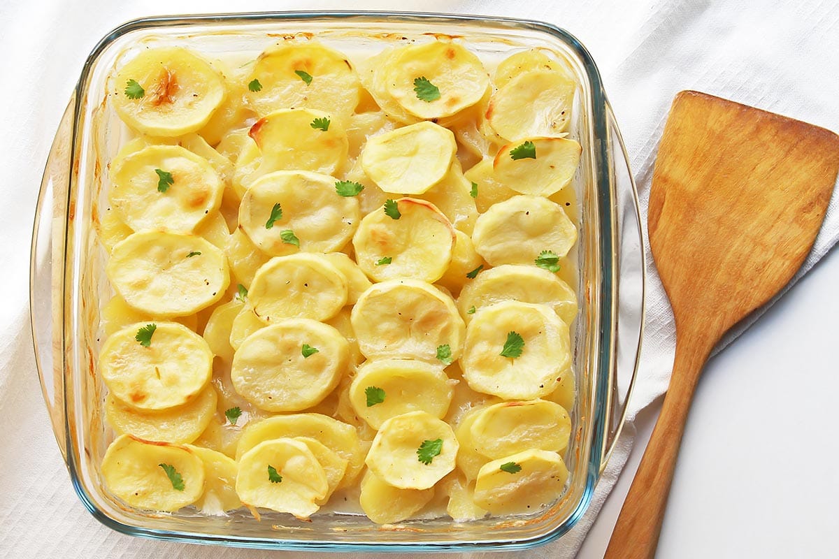 Vegan Scalloped Potatoes in Baking Dish