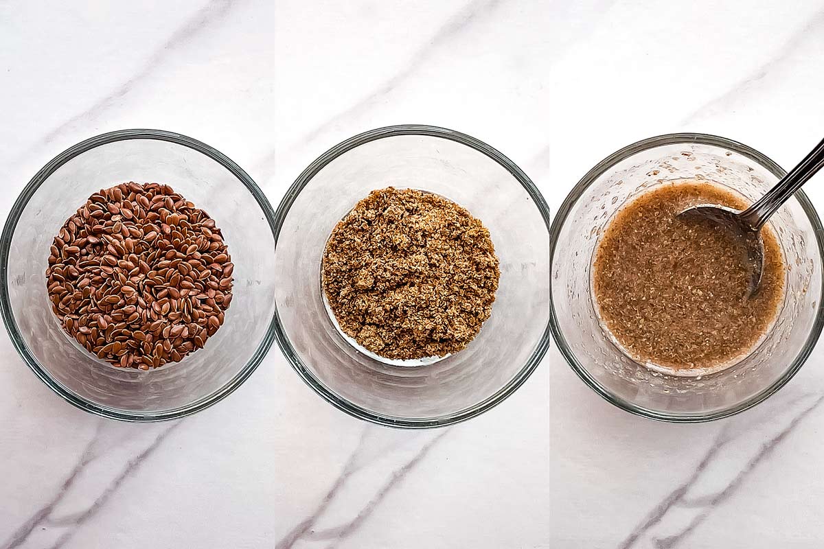 Three small glass bowls with flax seeds, flax meal, and flax egg