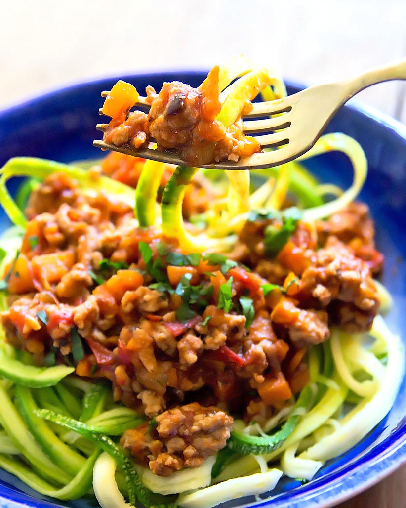 Healthy Bolognese Zoodles on Fork