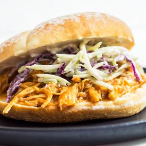 BBQ Pulled Chicken on bun with coleslaw