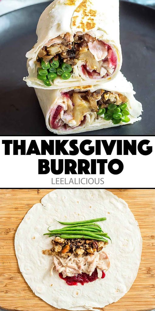 Thanksgiving burrito cut in half and fillings on wheat tortilla