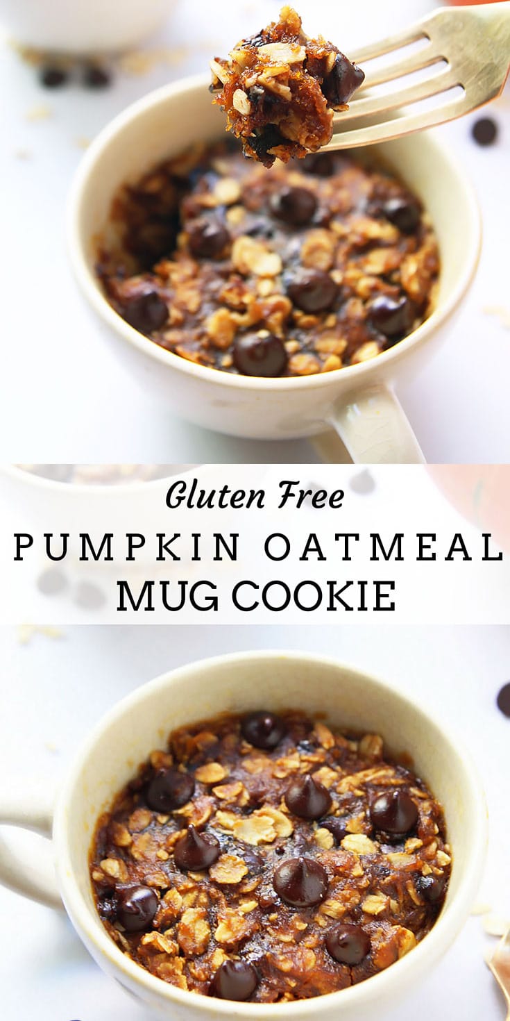 pumpkin oatmeal cookie in a mug with chocolate chip topping