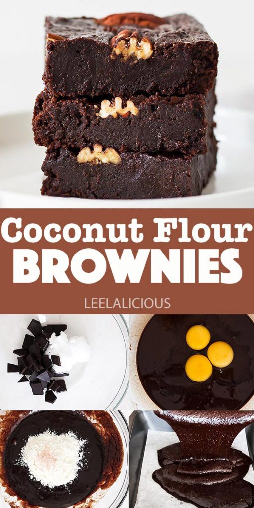 stack of coconut flour brownies and process shots