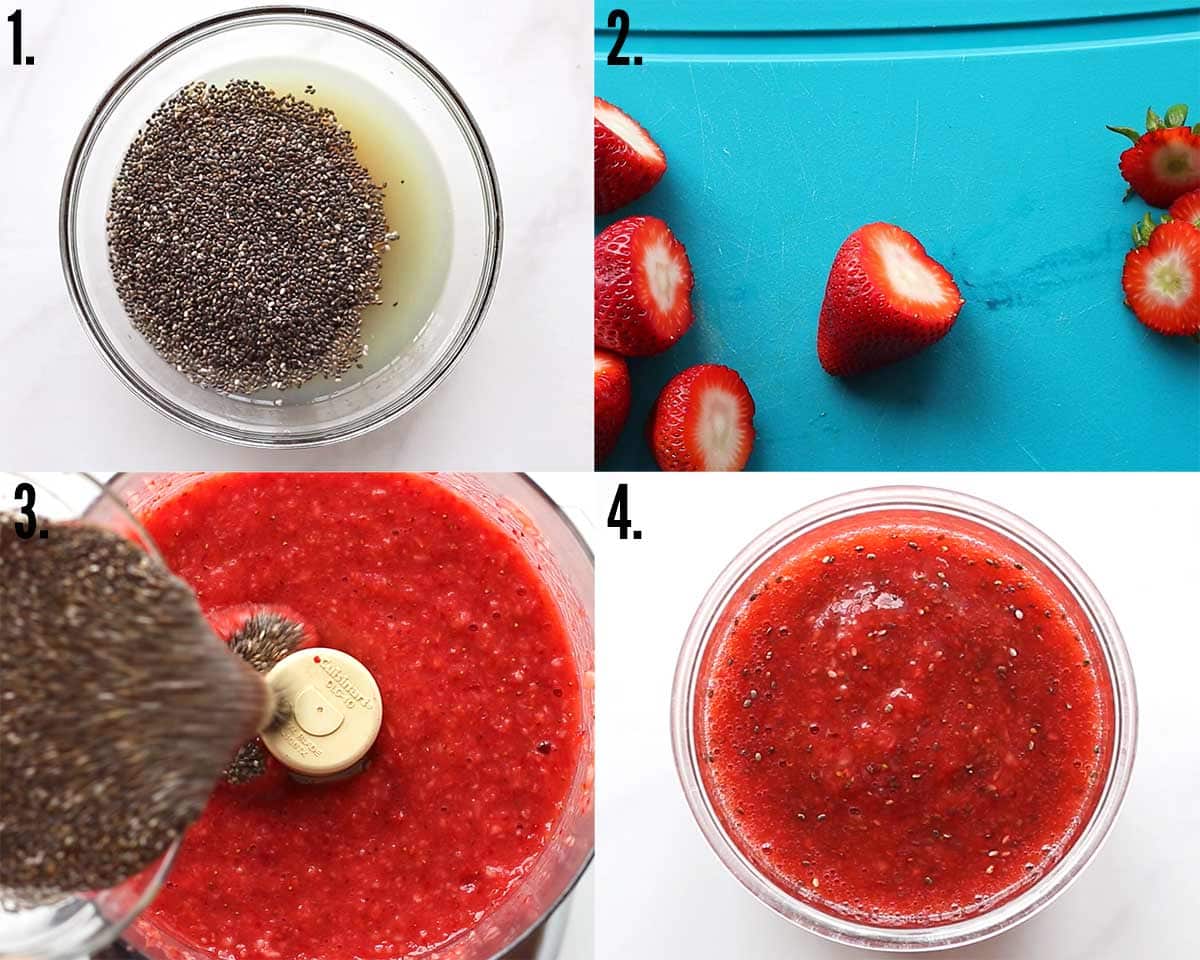 4-step picture collage how to make chia jam
