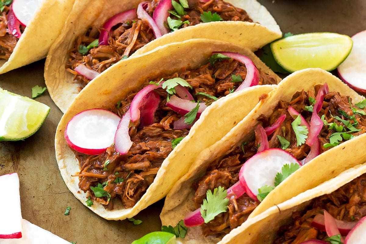 Instant Pot Pulled Pork Tacos on a tray