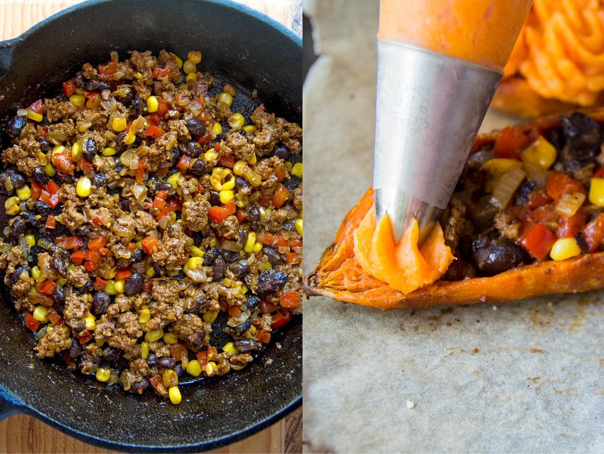 Ground beef stuffing with sweet potato mash piping bag