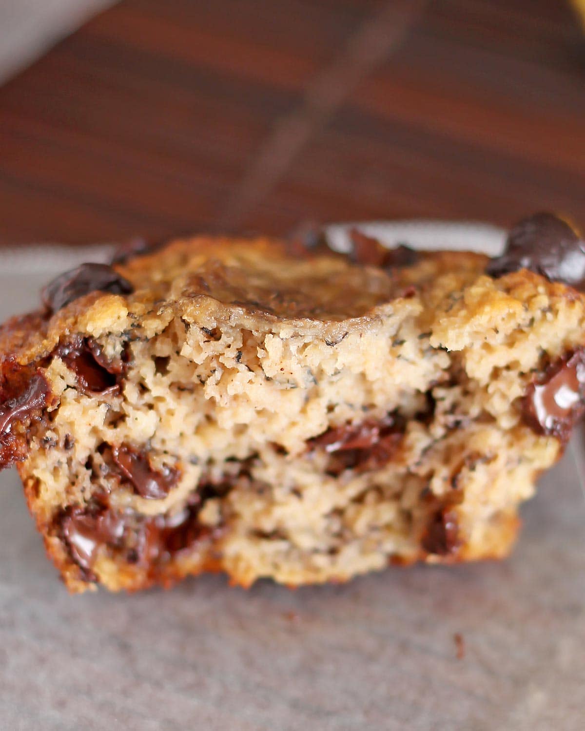 Inside chocolate chip banana bread muffin