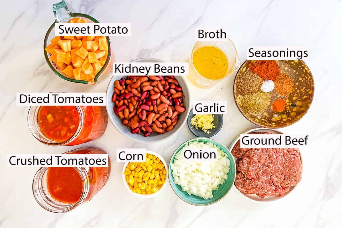 Ingredients for Slow Cooker Chili laid out in individual bowls