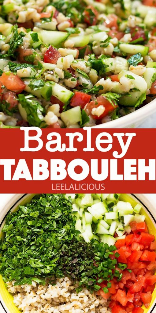 close up of mixed tabbouleh salad and individual ingredients arranged side by side in bowl
