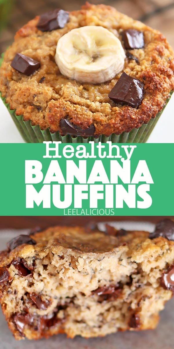 coconut flour banana muffin with chocolate chunk topping and half muffin to reveal fluffy inside texture