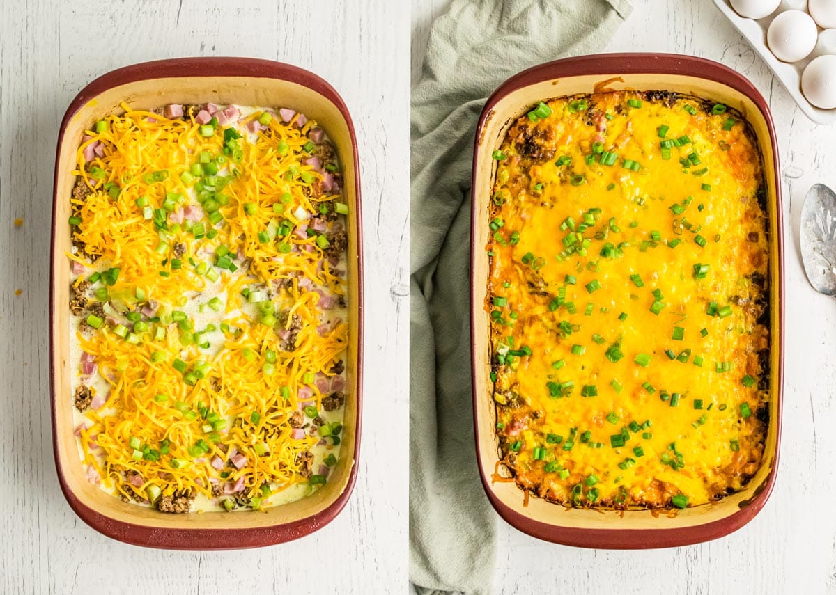 Breakfast Hash Brown Casseroles before and after baking