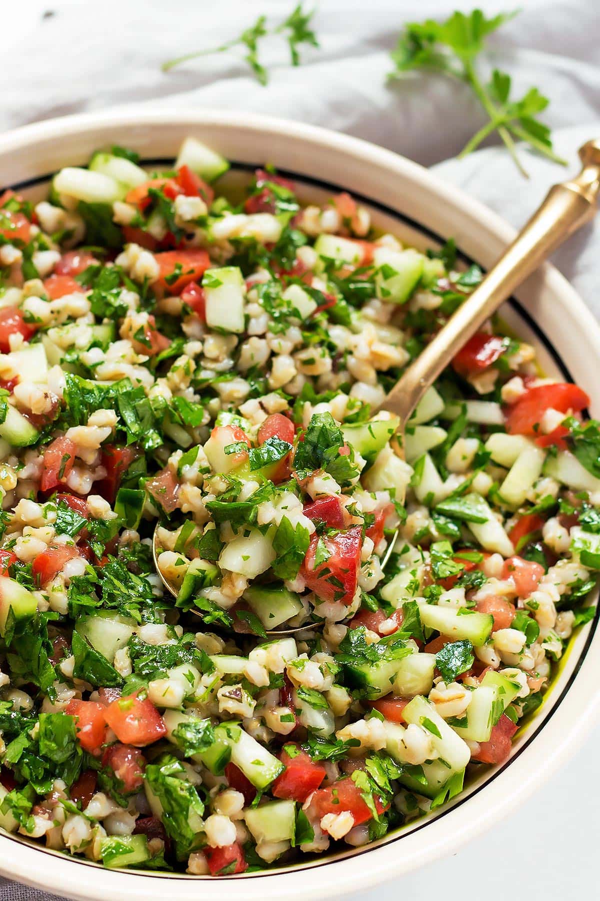 Traditional Tabbouleh with barley on bowl