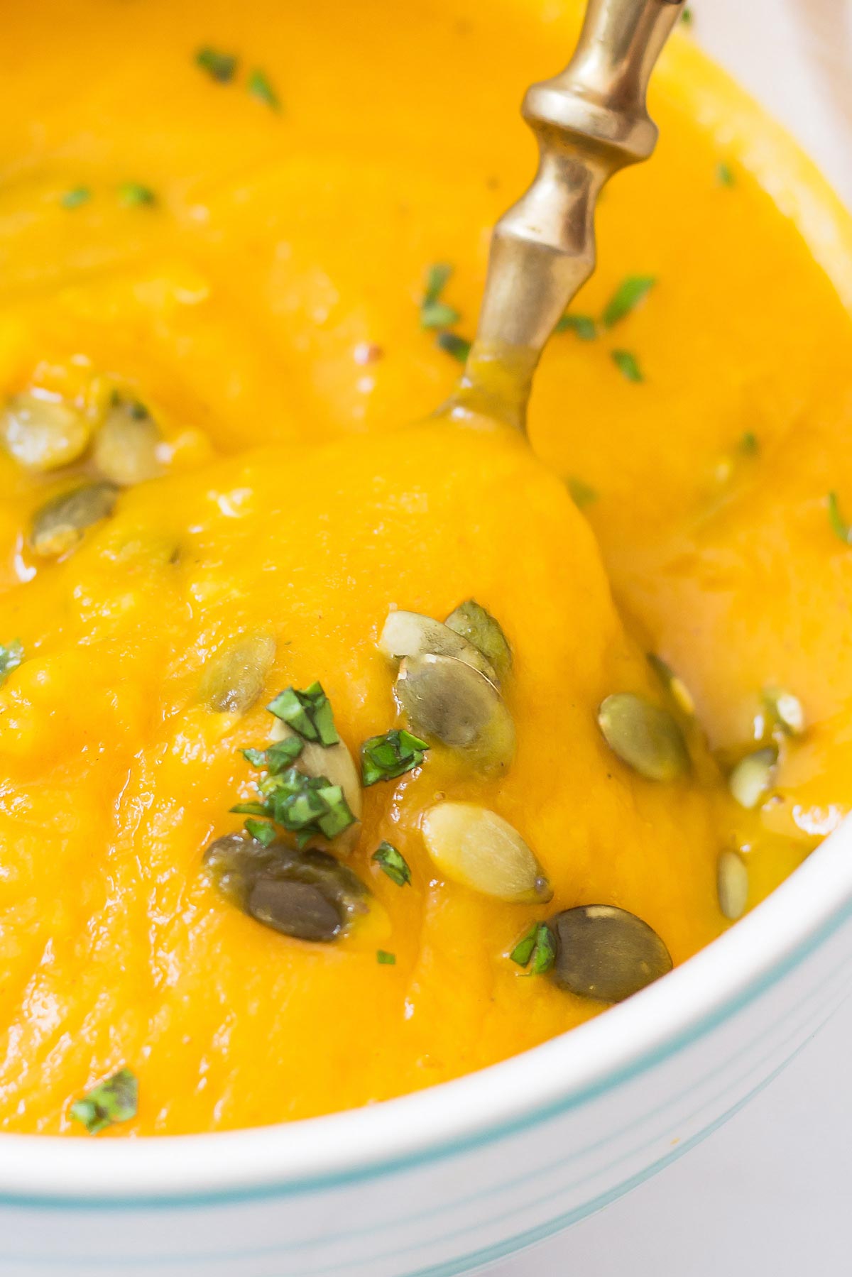 Cream of Butternut Squash Soup in bowl with spoon