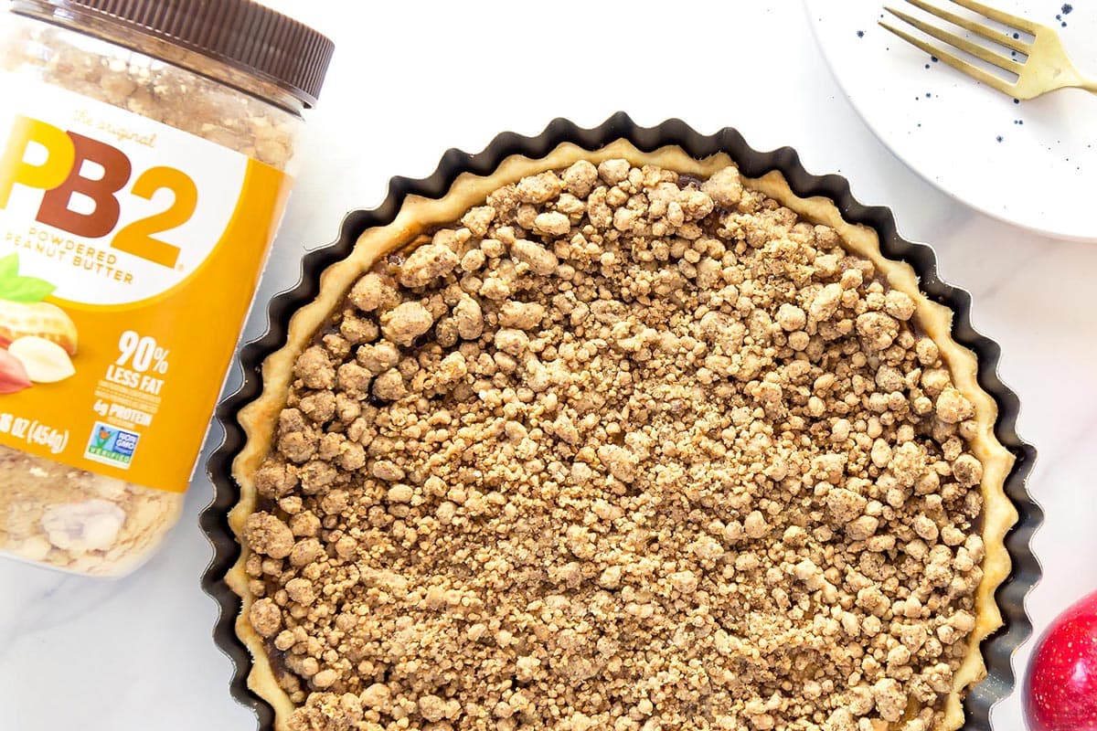 Baked Peanut Butter Apple Pie with peanut powder container